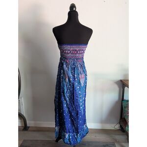 Blue Strapless Midi Dress with Smocked Bodice